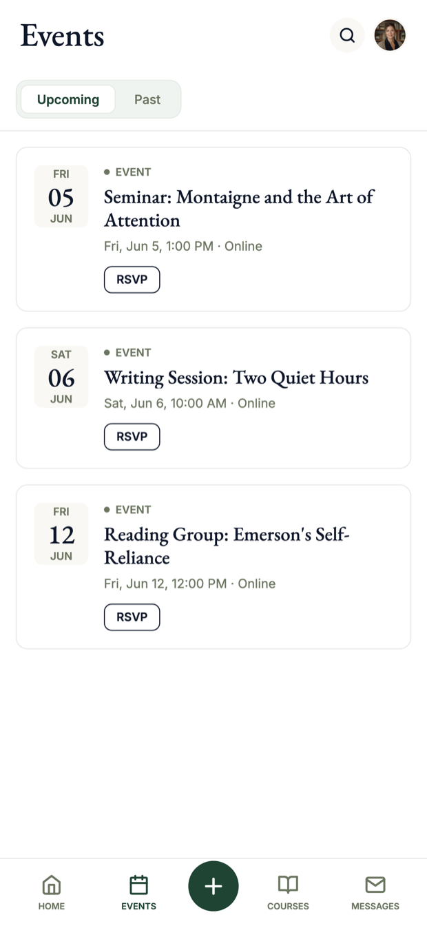 Upcoming seminars and events in the app